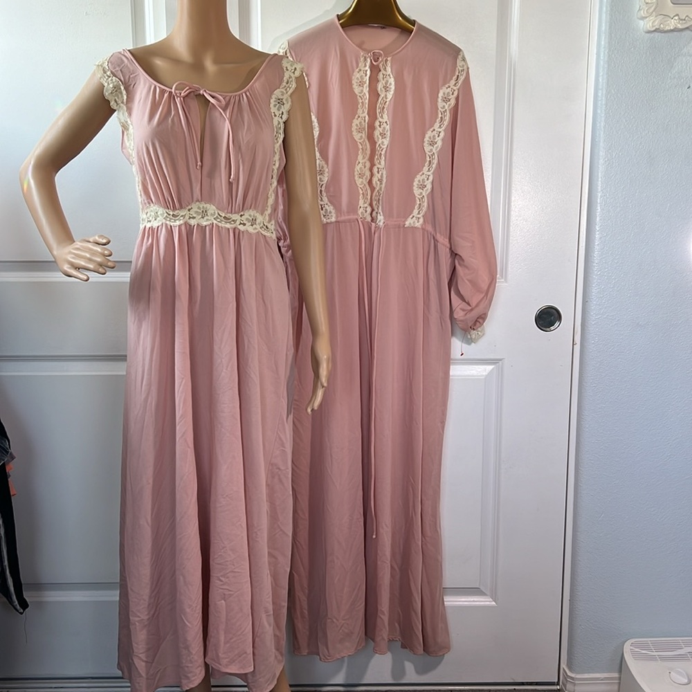 Vtg 1960s dusty pink GILEAD lace night gown 2 pieces dress and robe coquette M - Picture 2 of 9